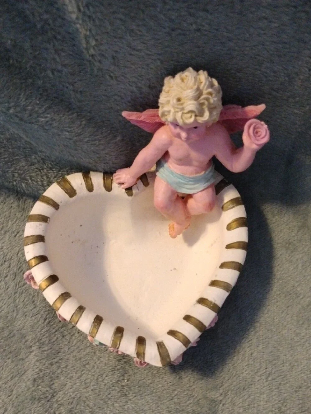 Decorative Heart Trinket Dish with Pink Rose Accents and Cherub